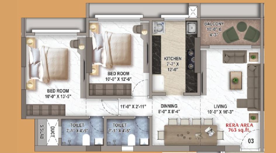 Nicco-Sundar-Milan-Floor-Plann- 2 BHK - 763 Sqft